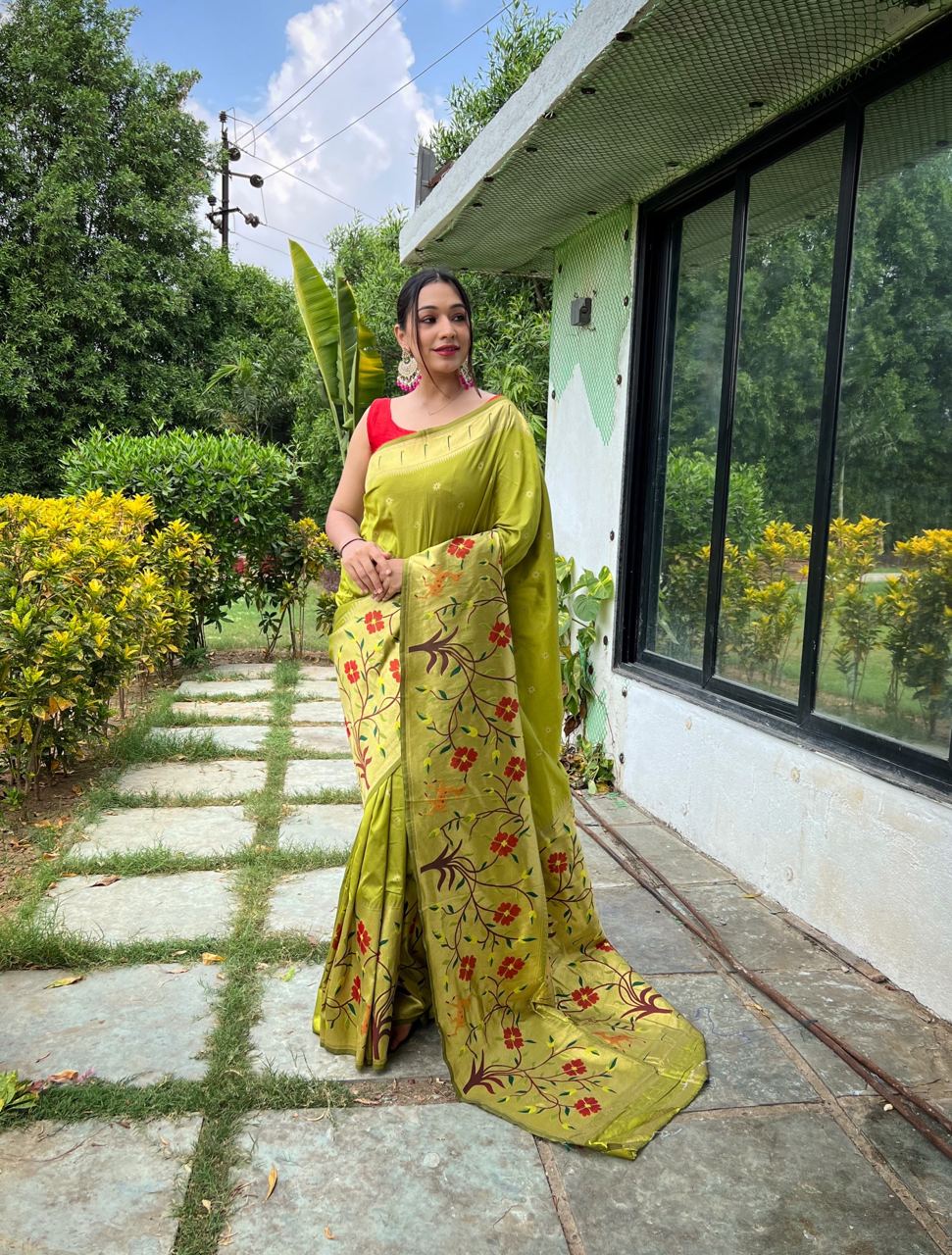 Paithani Silk Traditional Border Parrot Green Color Saree