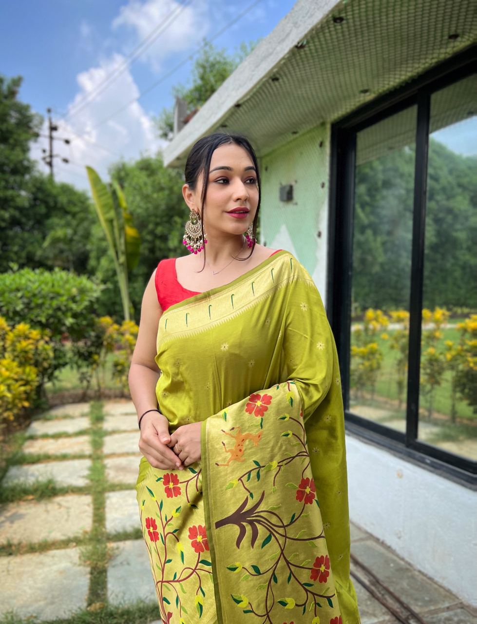 Paithani Silk Traditional Border Parrot Green Color Saree