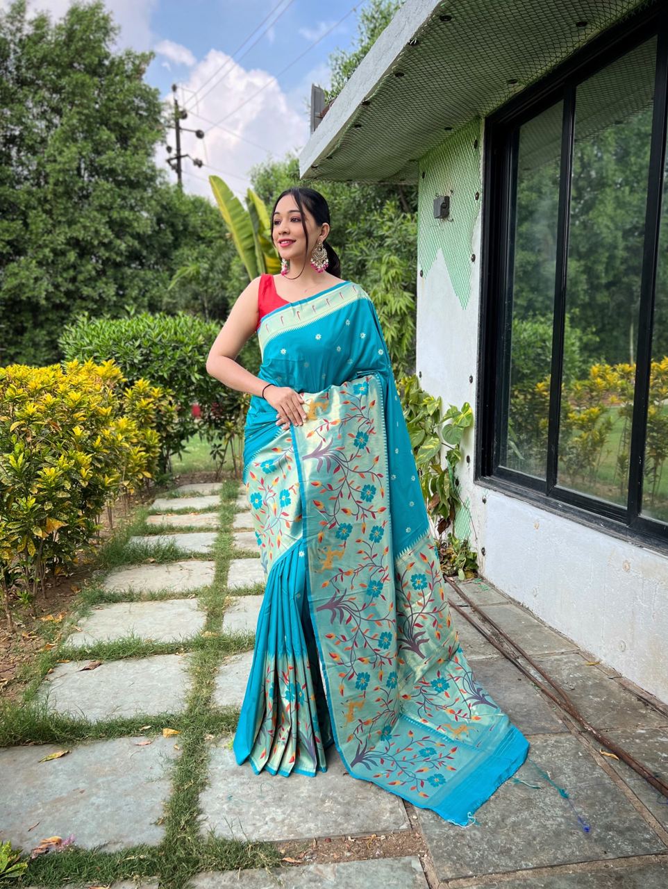 Paithani Silk Traditional Border Sky Blue Color Saree