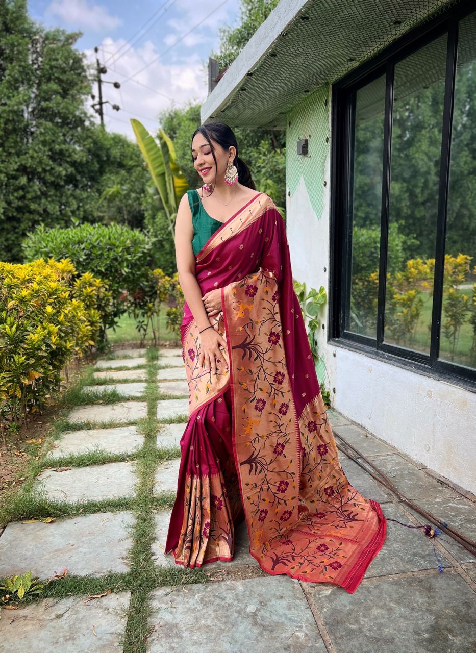 Paithani Silk Traditional Border Wine Color Saree