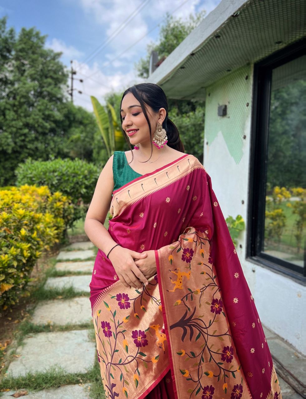 Paithani Silk Traditional Border Wine Color Saree