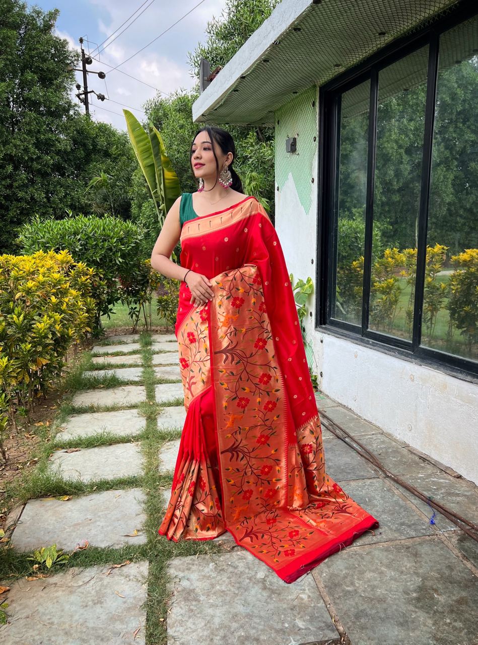 Paithani Silk Traditional Border Red Color Saree