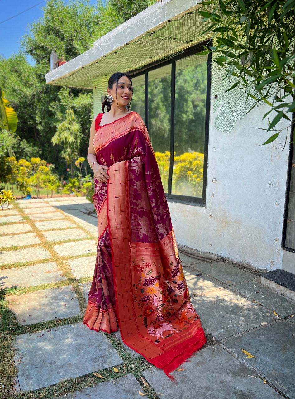 Traditional Design Wine Color Paithani Silk Saree