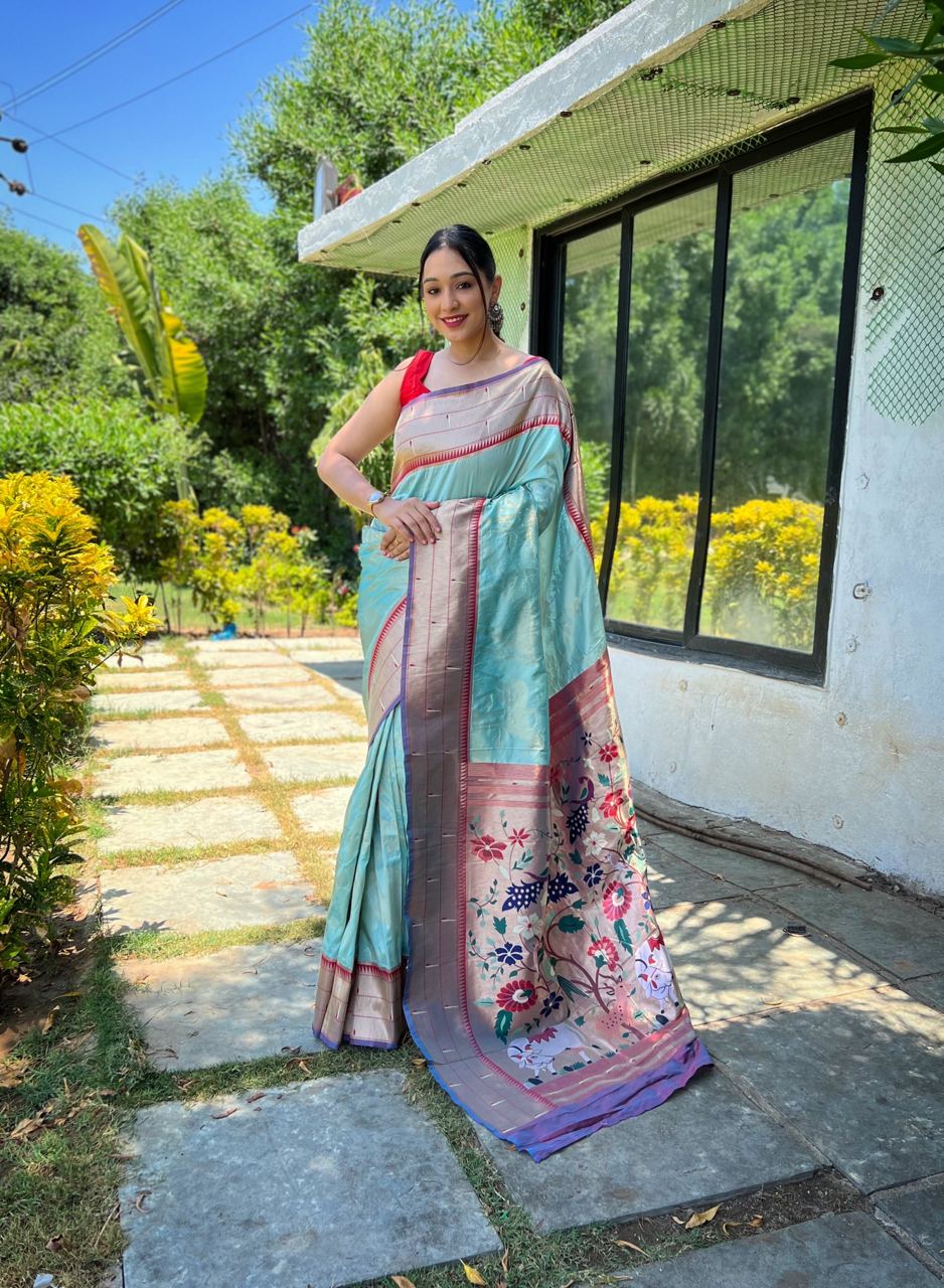 Traditional Design Sky Blue Color Paithani Silk Saree