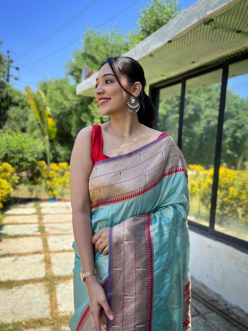 Traditional Design Sky Blue Color Paithani Silk Saree