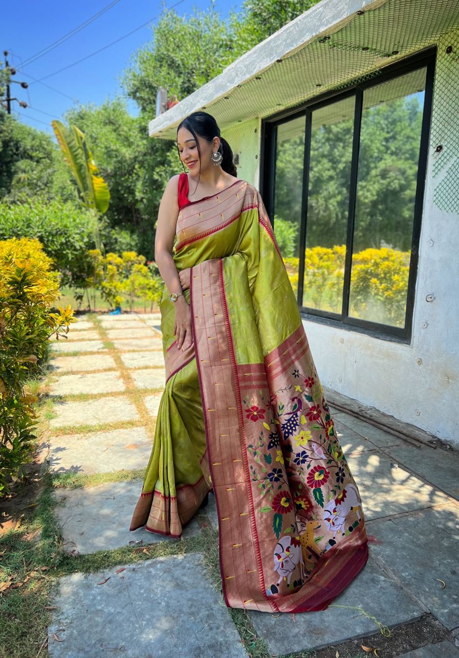 Traditional Design Green Color Paithani Silk Saree