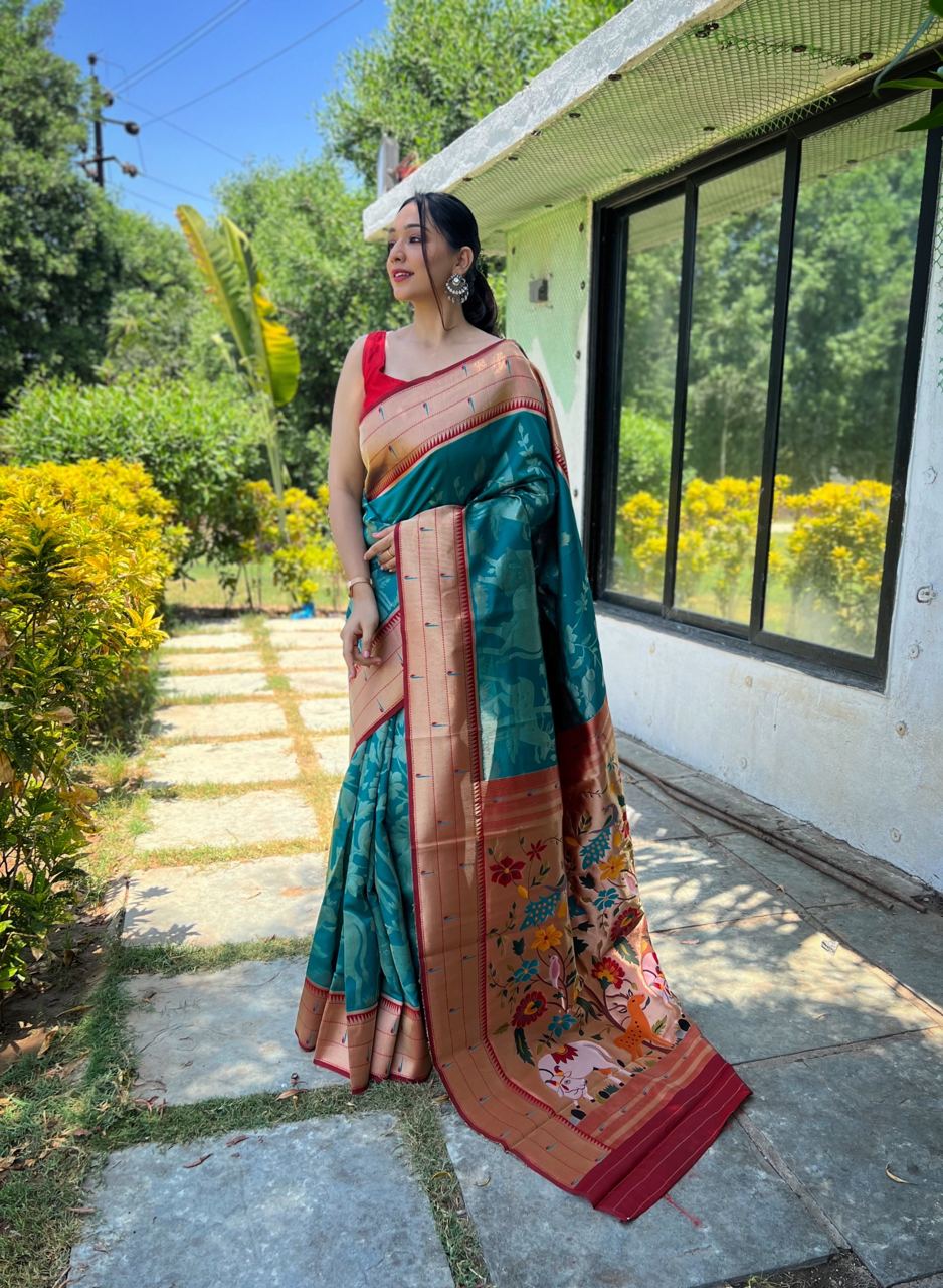 Traditional Design Teal Blue Color Paithani Silk Saree