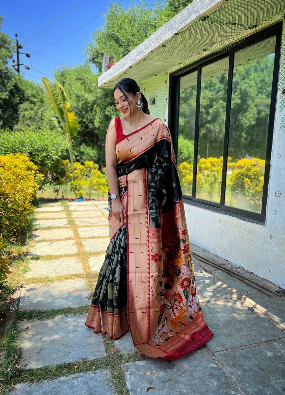 Traditional Design Black Color Paithani Silk Saree