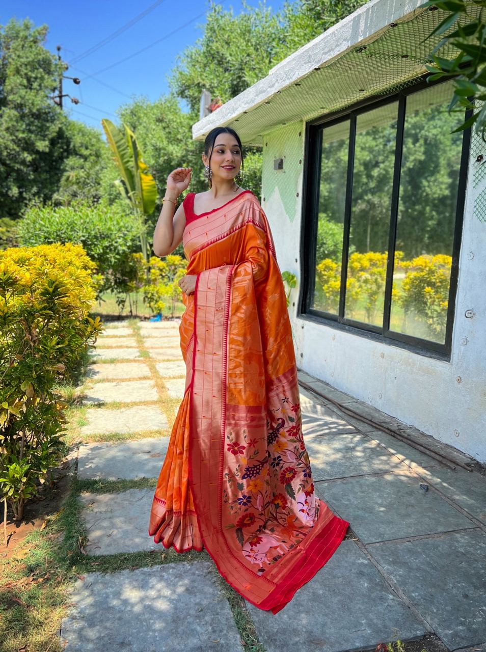 Traditional Design Orange Color Paithani Silk Saree