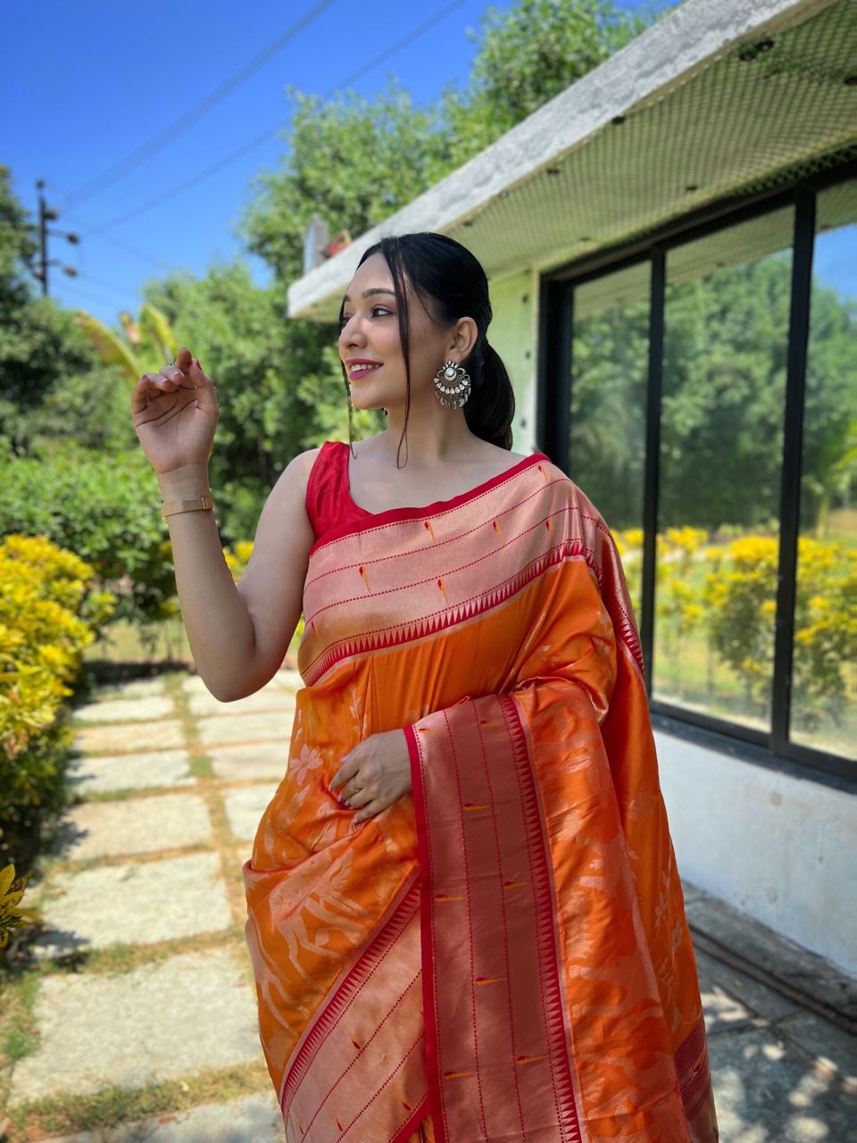 Traditional Design Orange Color Paithani Silk Saree