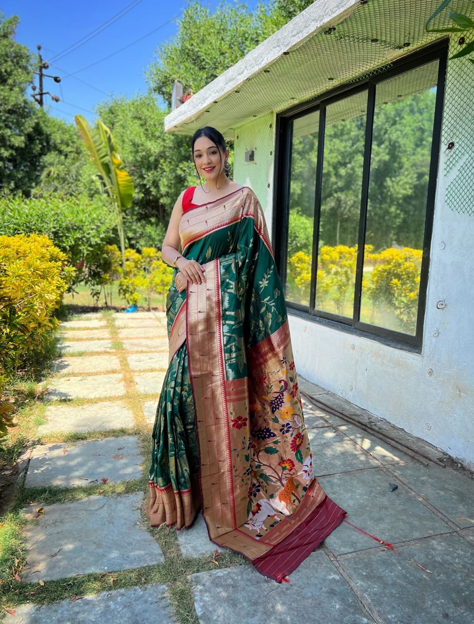 Traditional Design Dark Green Paithani Silk Saree