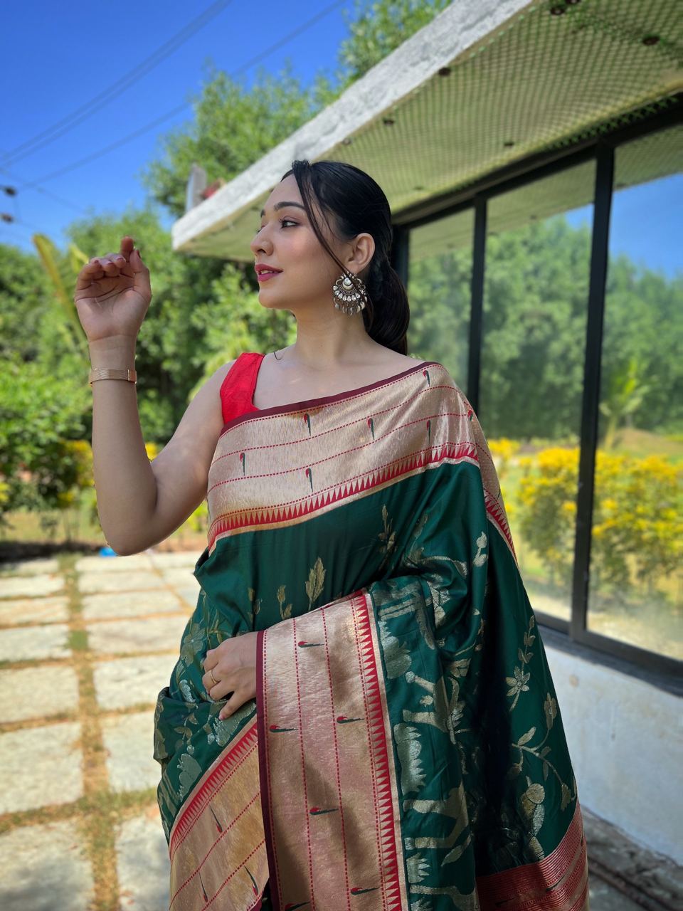 Traditional Design Dark Green Paithani Silk Saree