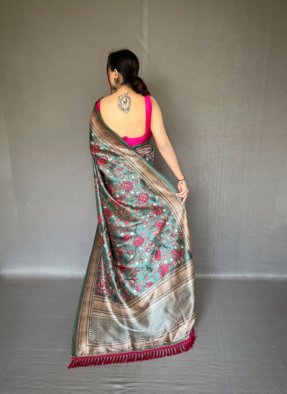 Kalamkari Print Green Color Soft Silk Saree