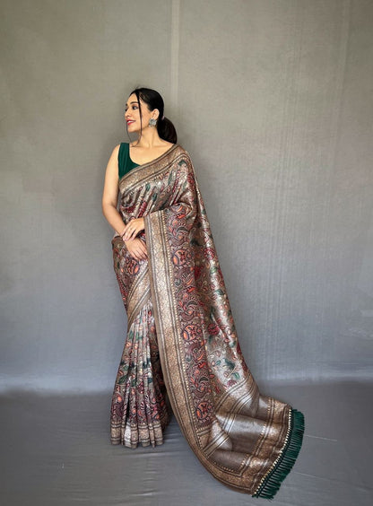 Kalamkari Print Grey Color Soft Silk Saree