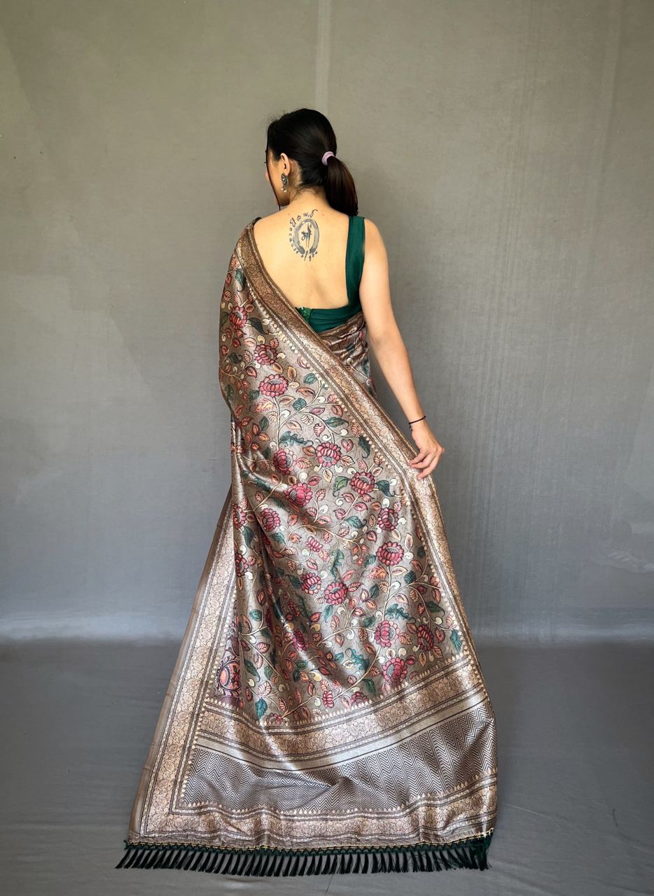 Kalamkari Print Grey Color Soft Silk Saree