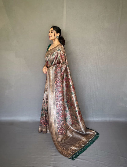 Kalamkari Print Grey Color Soft Silk Saree