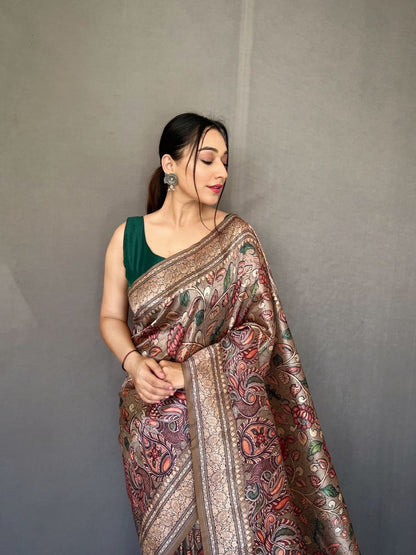 Kalamkari Print Grey Color Soft Silk Saree