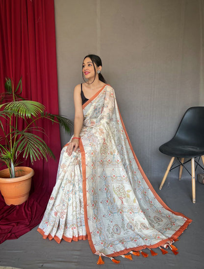 All Over Print Orange Border Cotton Saree