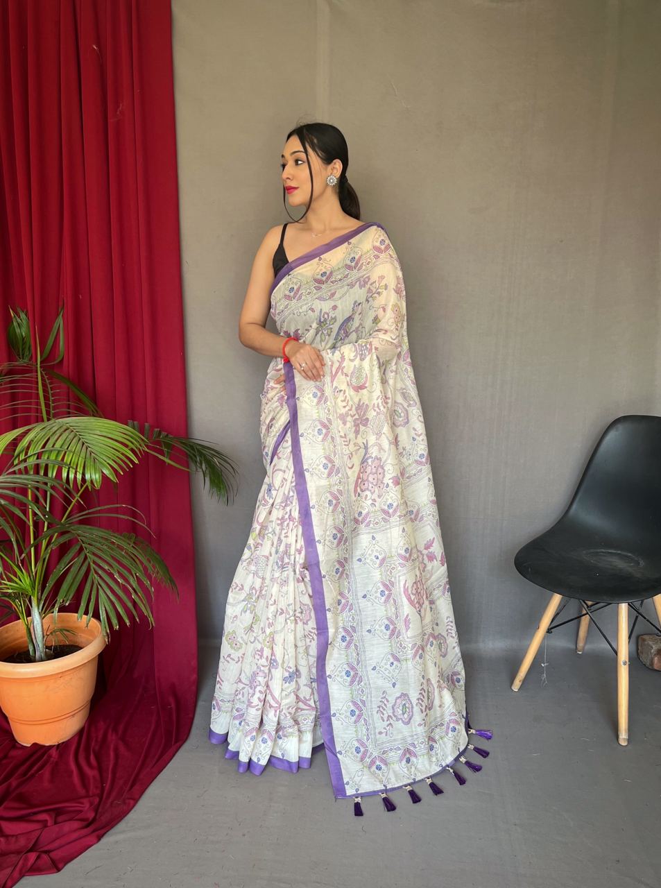 All Over Print Purple Border Cotton Saree