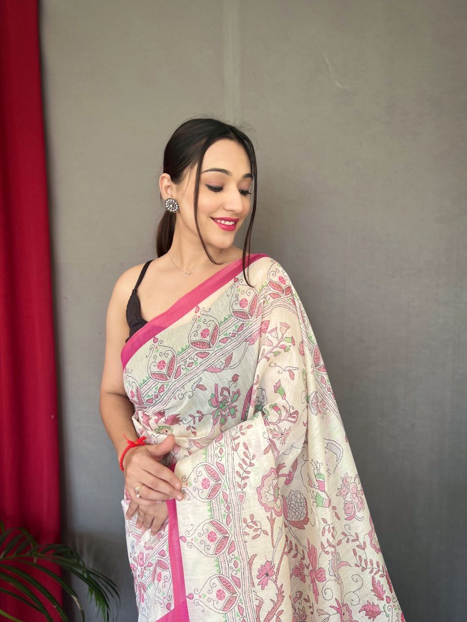 All Over Print Pink Border Cotton Saree