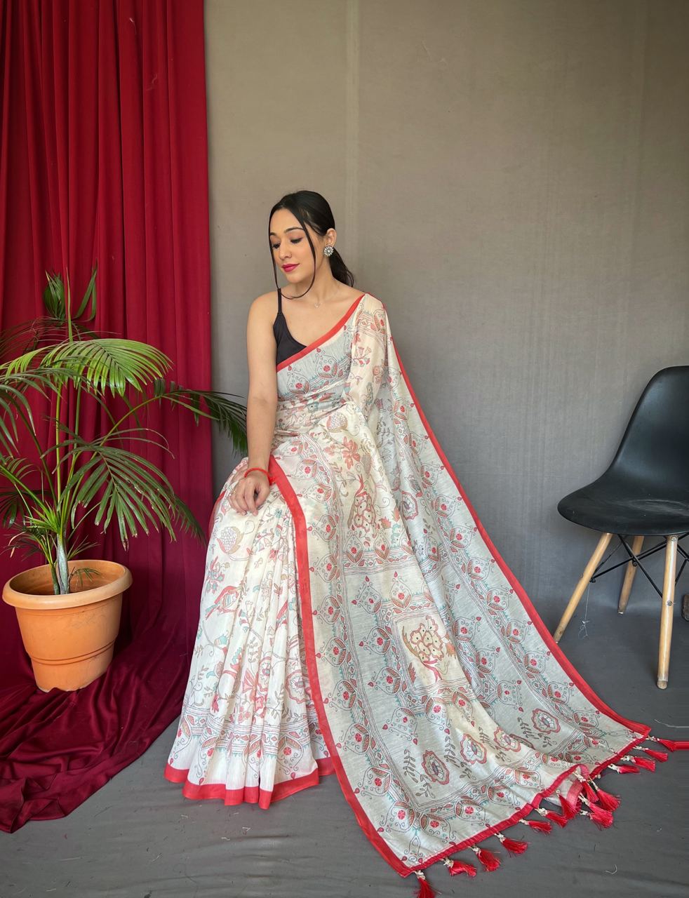 All Over Print Red Border Cotton Saree