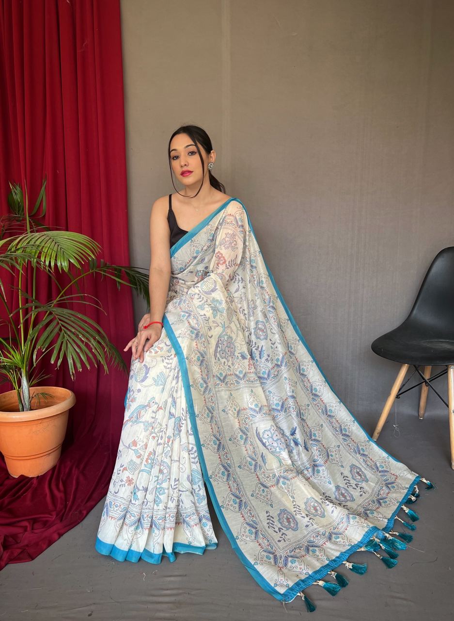 All Over Print Sky Blue Border Cotton Saree