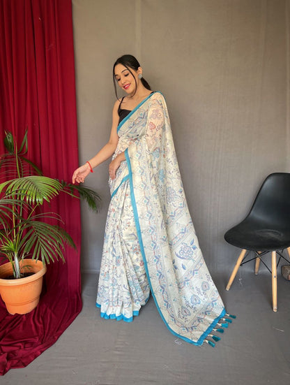 All Over Print Sky Blue Border Cotton Saree