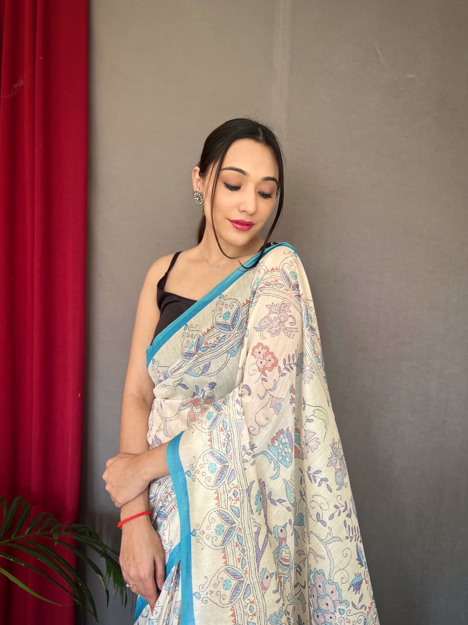 All Over Print Sky Blue Border Cotton Saree