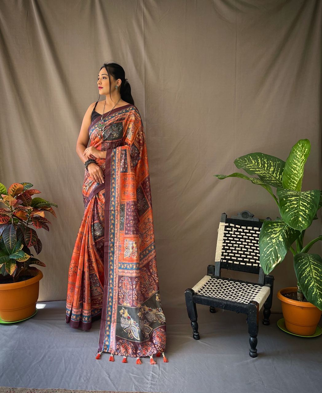 Multi With Orange Kalamkari Print Cotton Saree