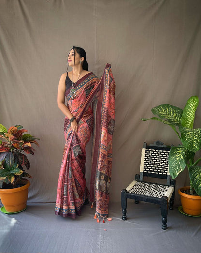 Multi With Pink Kalamkari Print Cotton Saree