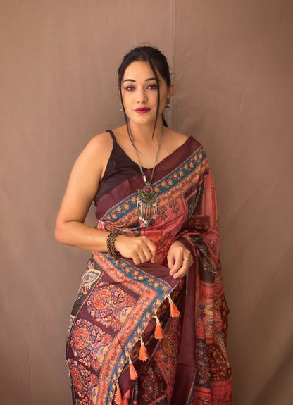 Multi With Pink Kalamkari Print Cotton Saree