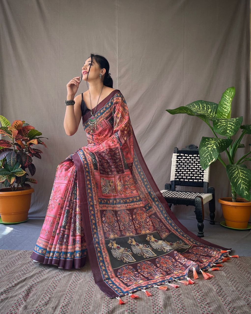 Multi With Pink Kalamkari Print Cotton Saree