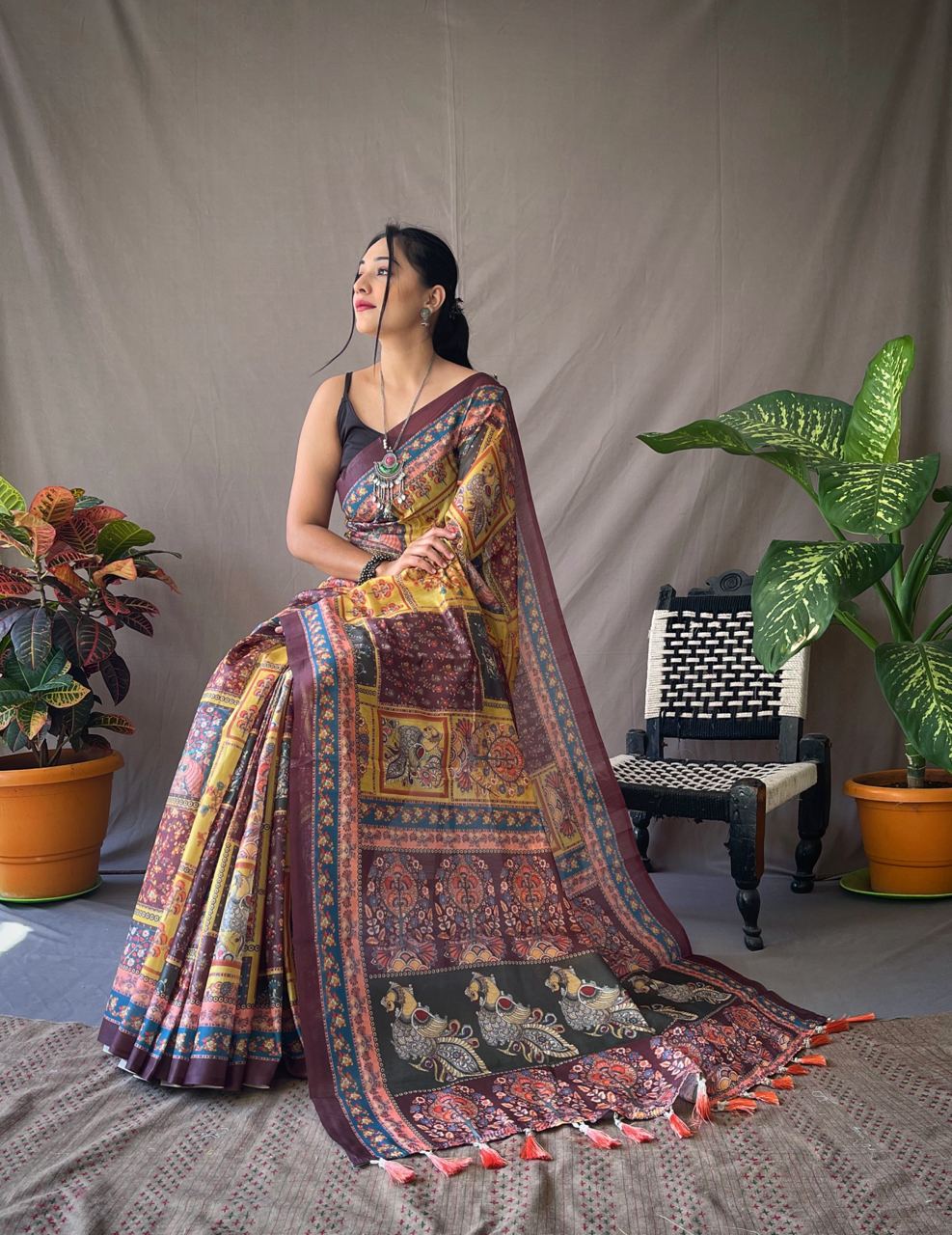 Multi With Yellow Kalamkari Print Cotton Saree