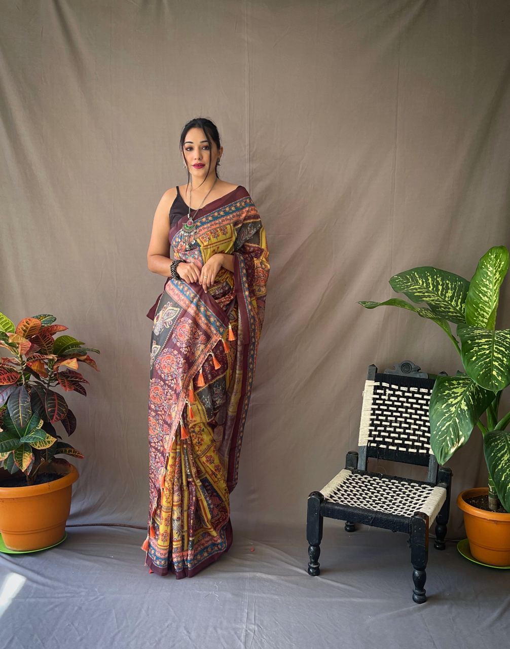 Multi With Yellow Kalamkari Print Cotton Saree