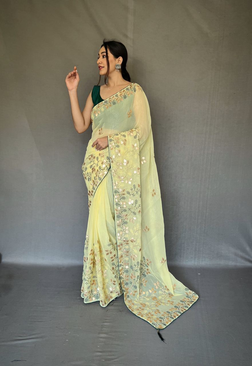 Gotta Patti Work Chiffon Yellow Color Saree