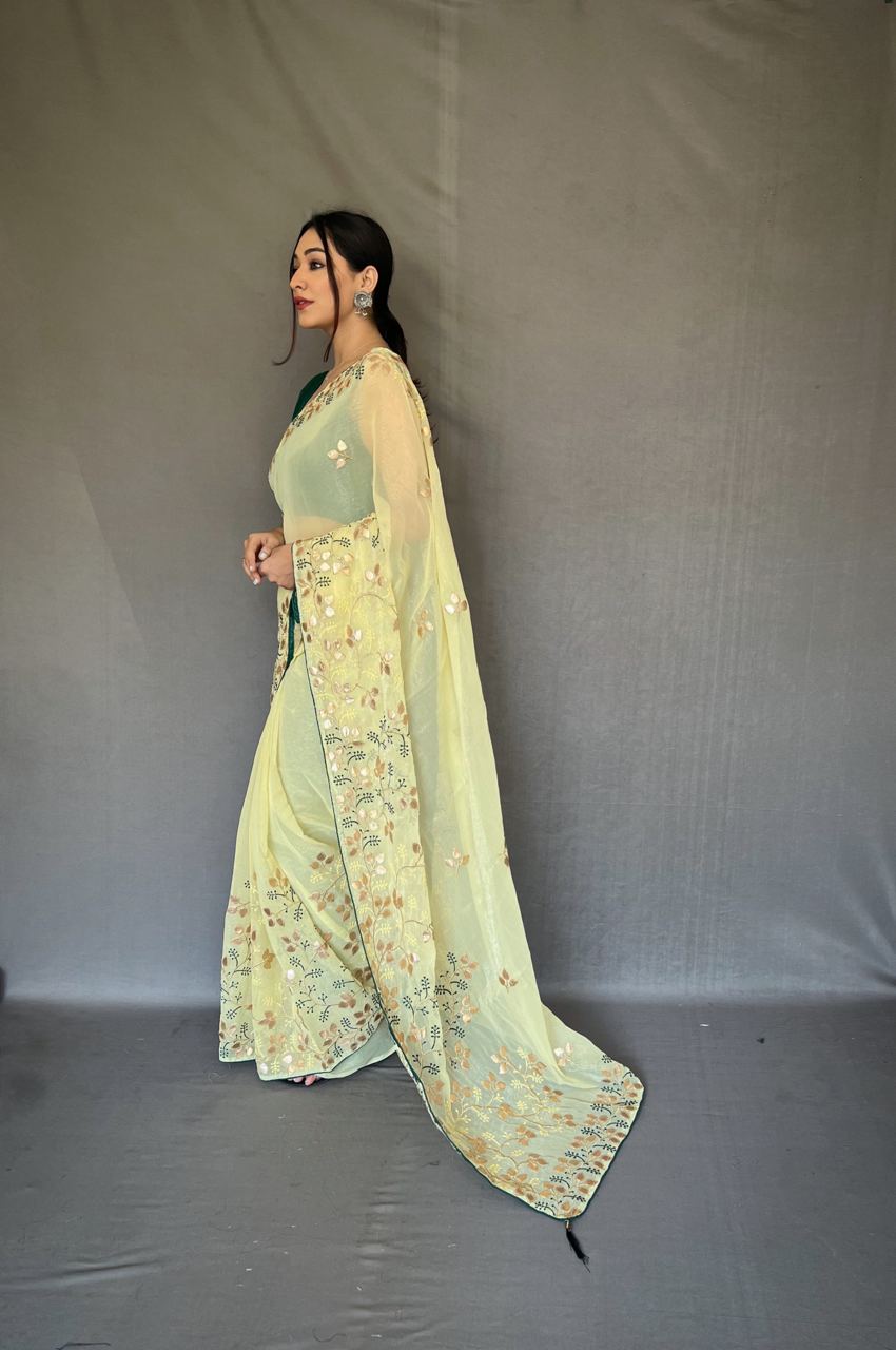 Gotta Patti Work Chiffon Yellow Color Saree