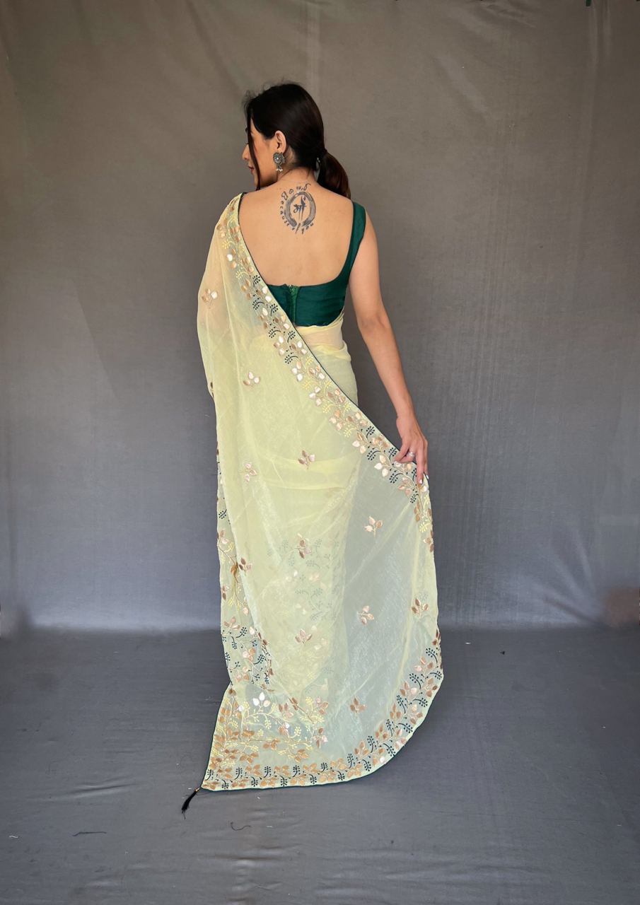 Gotta Patti Work Chiffon Yellow Color Saree