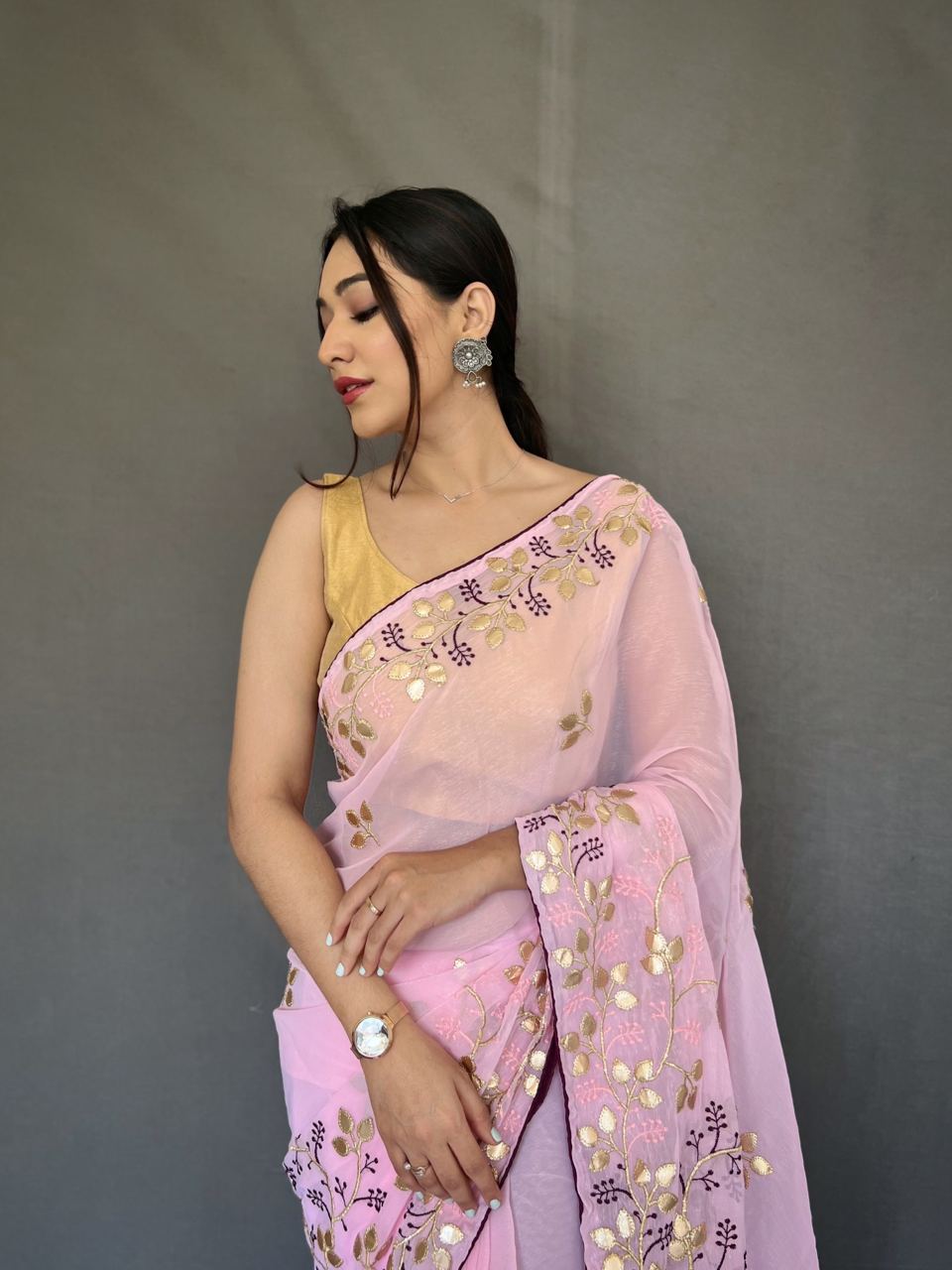 Gotta Patti Work Chiffon Pink Color Saree