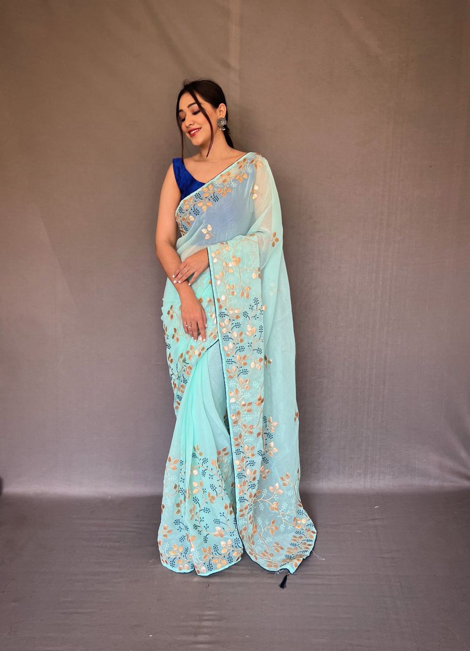 Gotta Patti Work Chiffon Sky Blue Color Saree