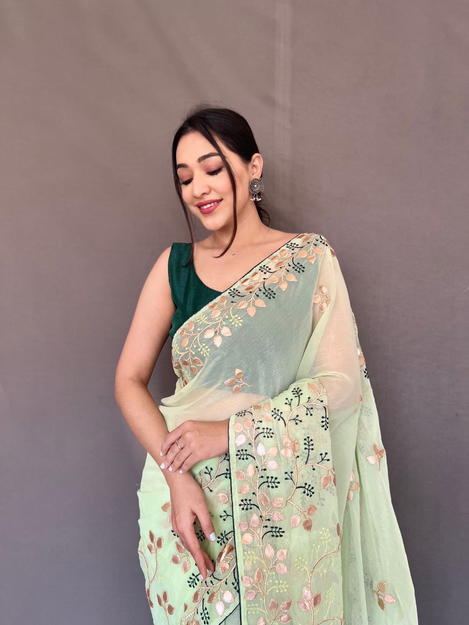 Gotta Patti Work Chiffon Pista Color Saree