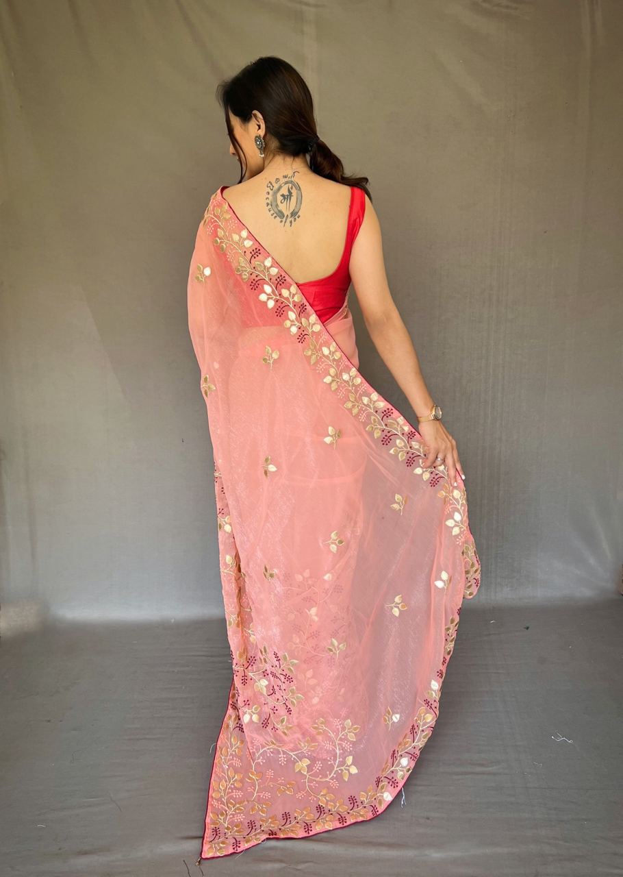 Gotta Patti Work Chiffon Peach Color Saree