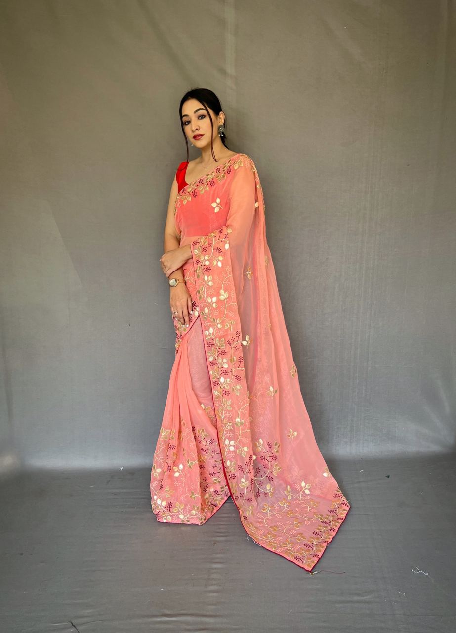 Gotta Patti Work Chiffon Peach Color Saree