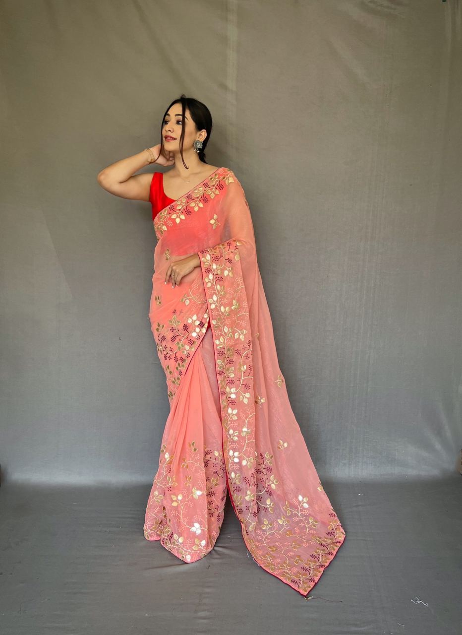 Gotta Patti Work Chiffon Peach Color Saree