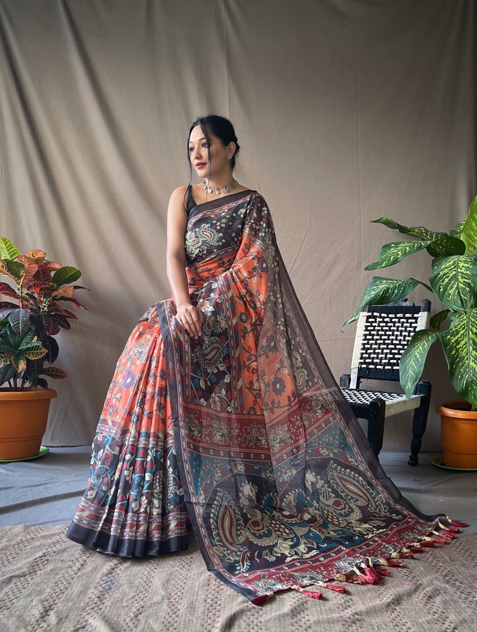 Kalamkari Multi Print Orange Color Cotton Saree