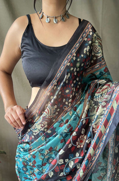 Kalamkari Multi Print Sky Blue Color Cotton Saree