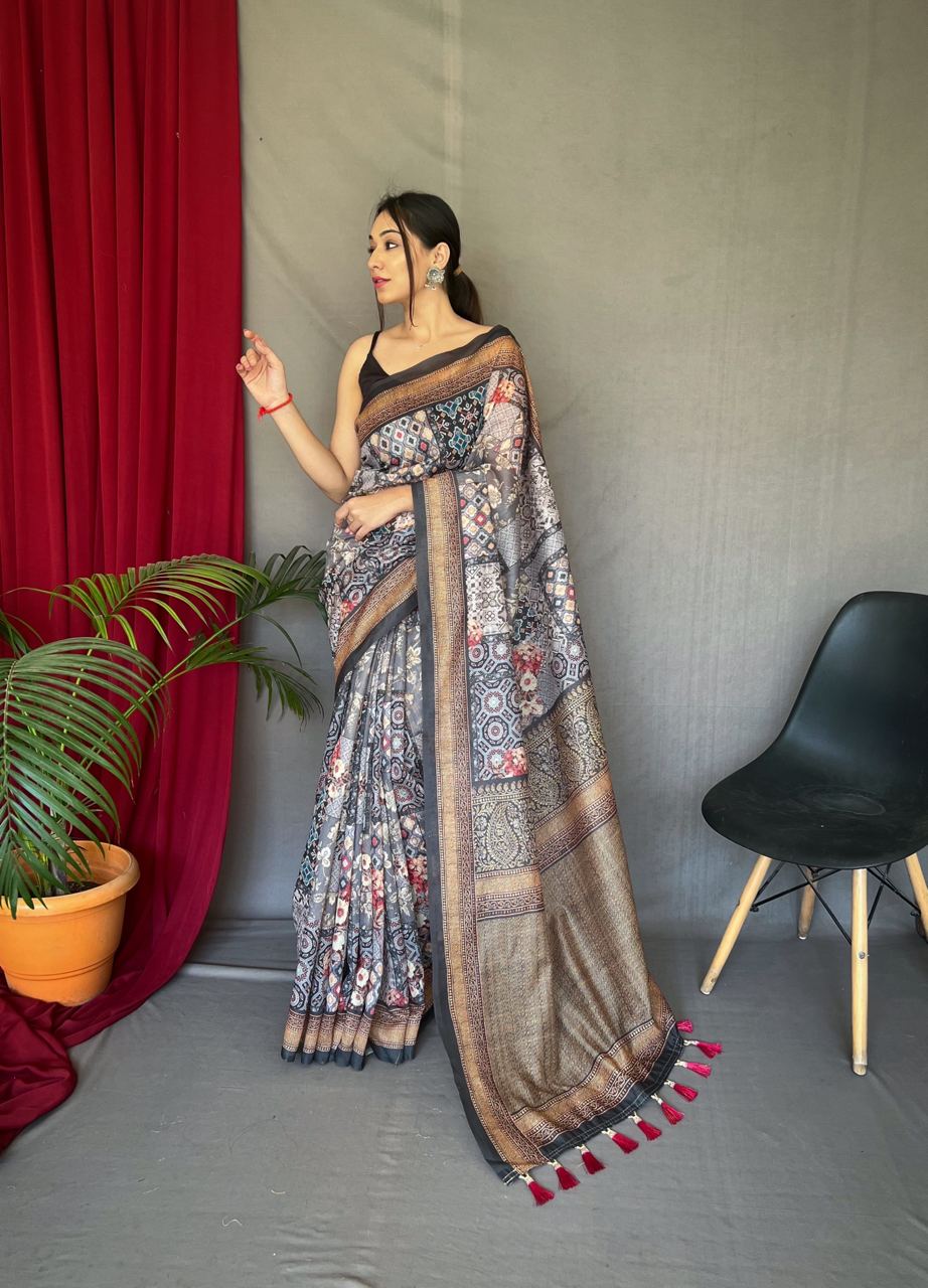 Kashmiri Digital Print Conceptual Grey Border Pallu Saree