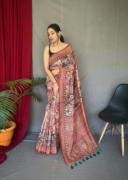 Kashmiri Digital Print Conceptual Maroon Border Pallu Saree