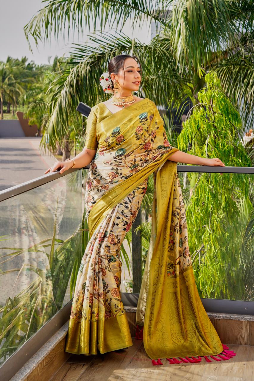 Golden Zari Weaved Border Organza White Saree