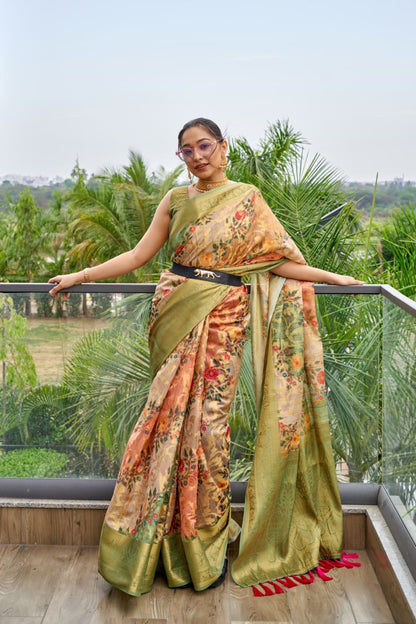 Golden Zari Weaved Border Organza Multi Color Saree