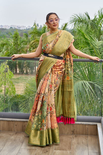 Golden Zari Weaved Border Organza Multi Color Saree